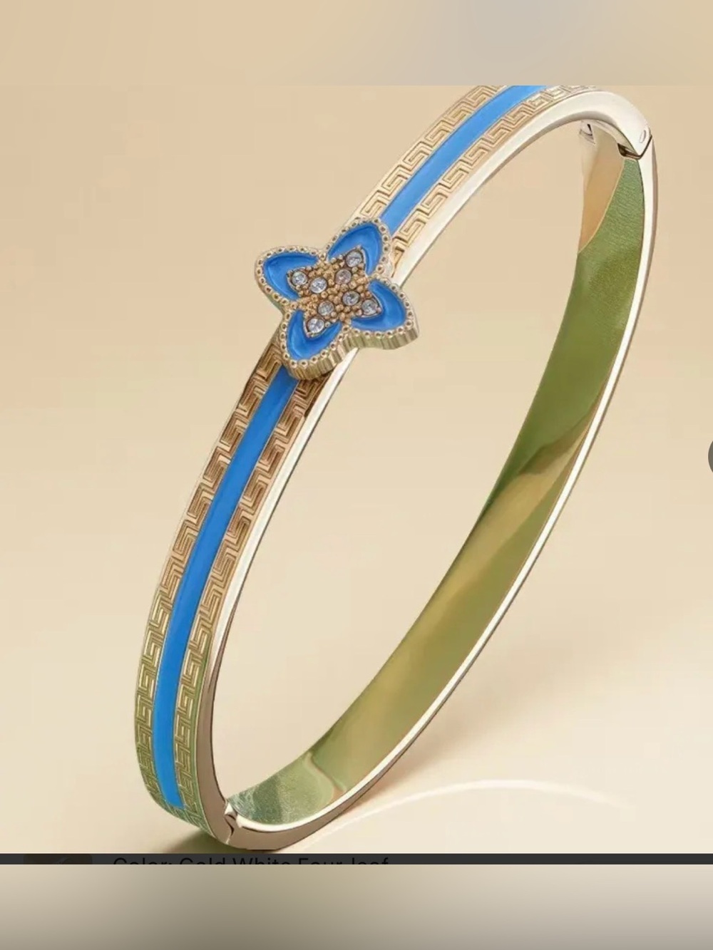 Gold Blue Flower-Accent stainless steel Bangle Bracelet